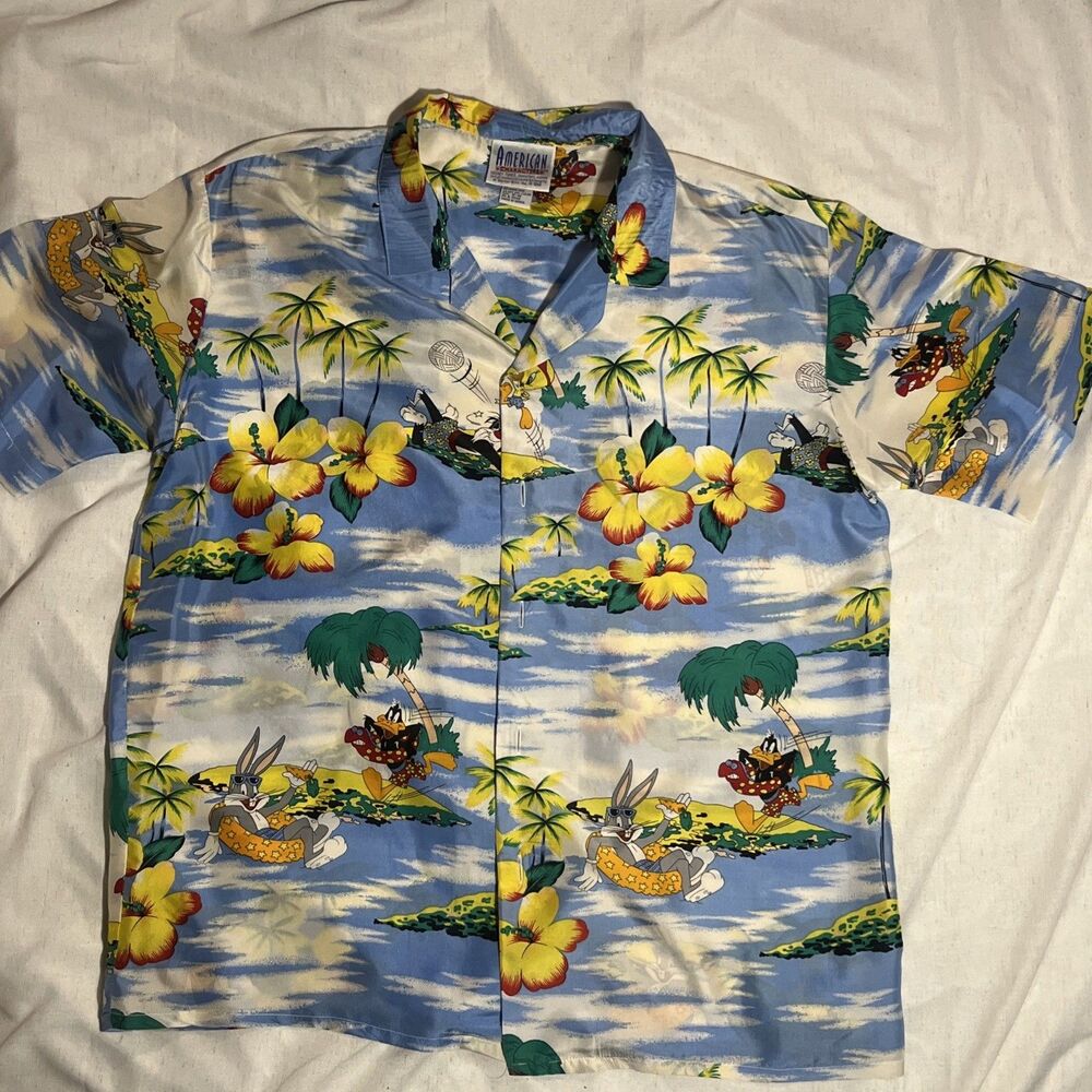 Vintage 1990s Looney Tunes Mens M Hawaiian Silk Shirt Street Beach Surf All Over